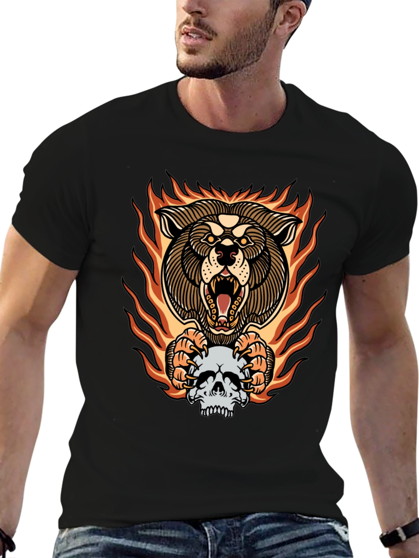 Fiery Wolf Skull Graphic Tee - Bold Black T-Shirt