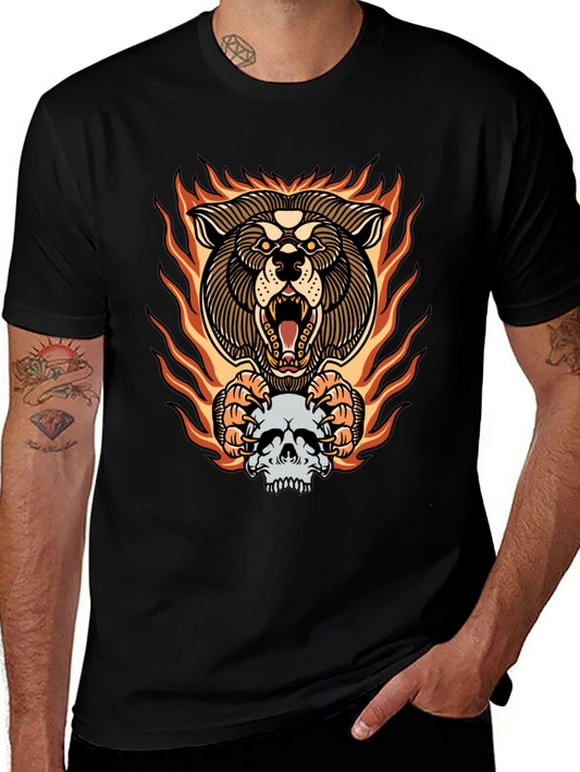 Fiery Wolf Skull Graphic Tee - Bold Black T-Shirt