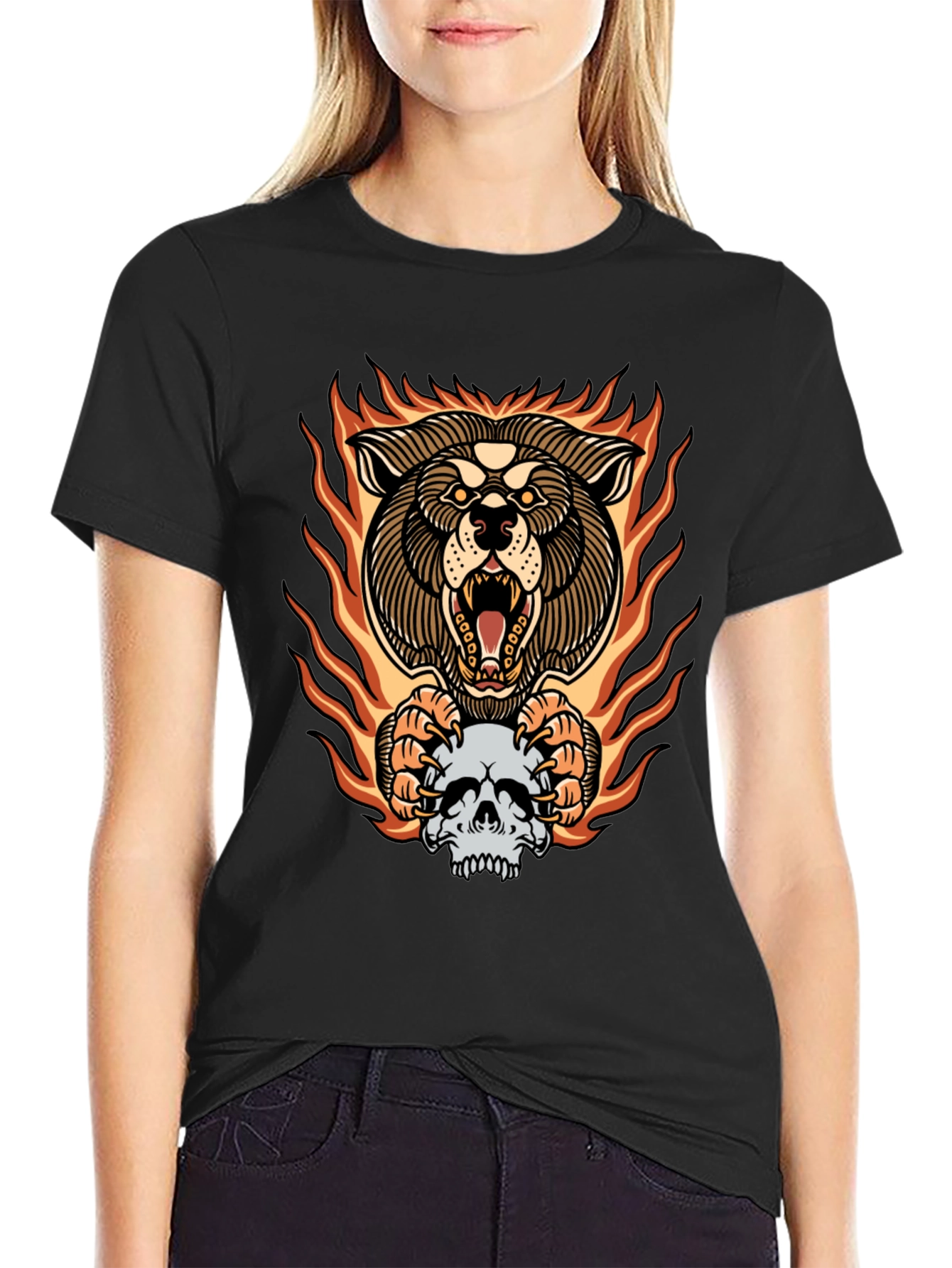 Fiery Wolf Skull Graphic Tee - Bold Black T-Shirt