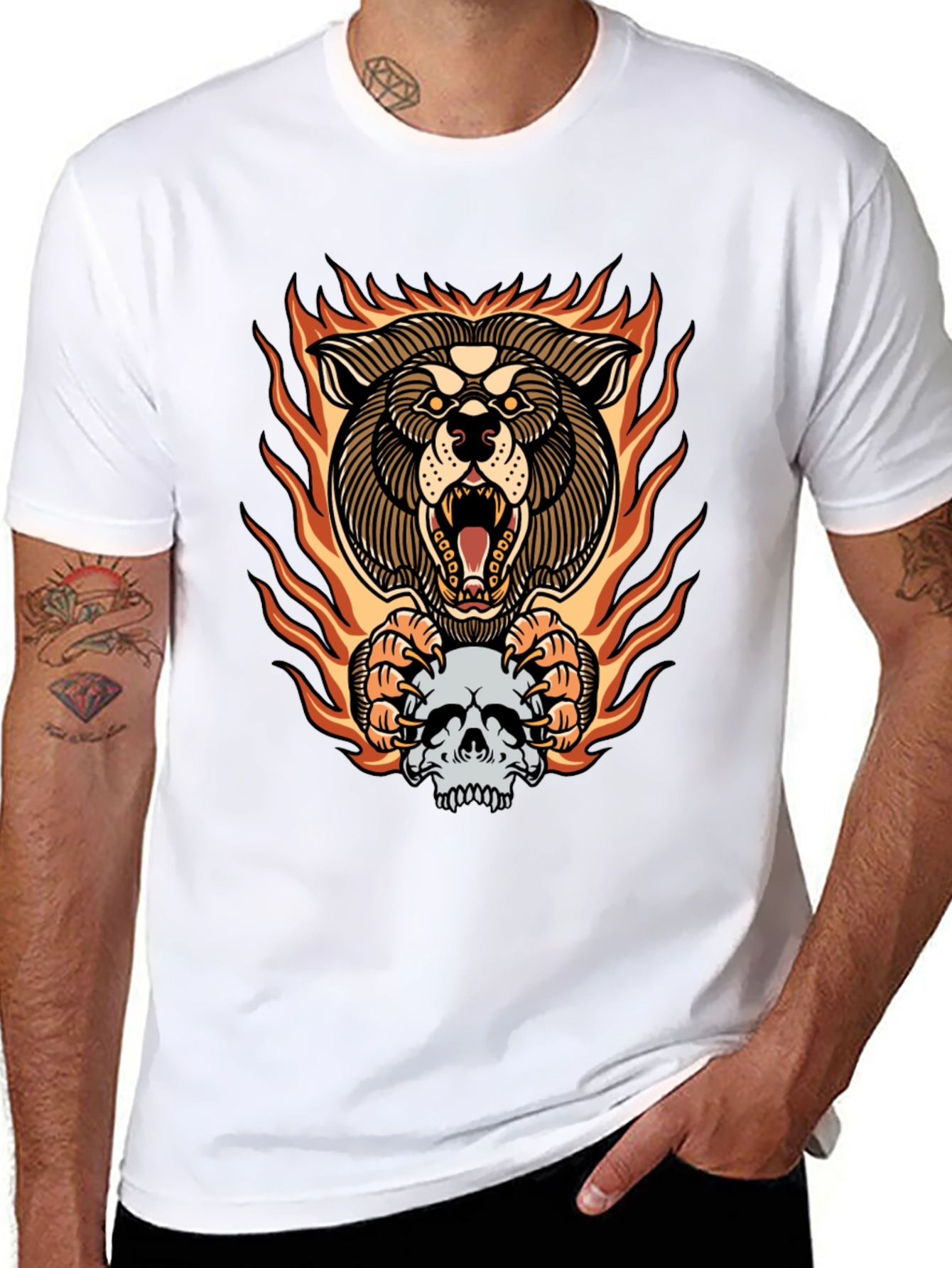 Fiery Wolf Skull Graphic Tee - Bold Black T-Shirt