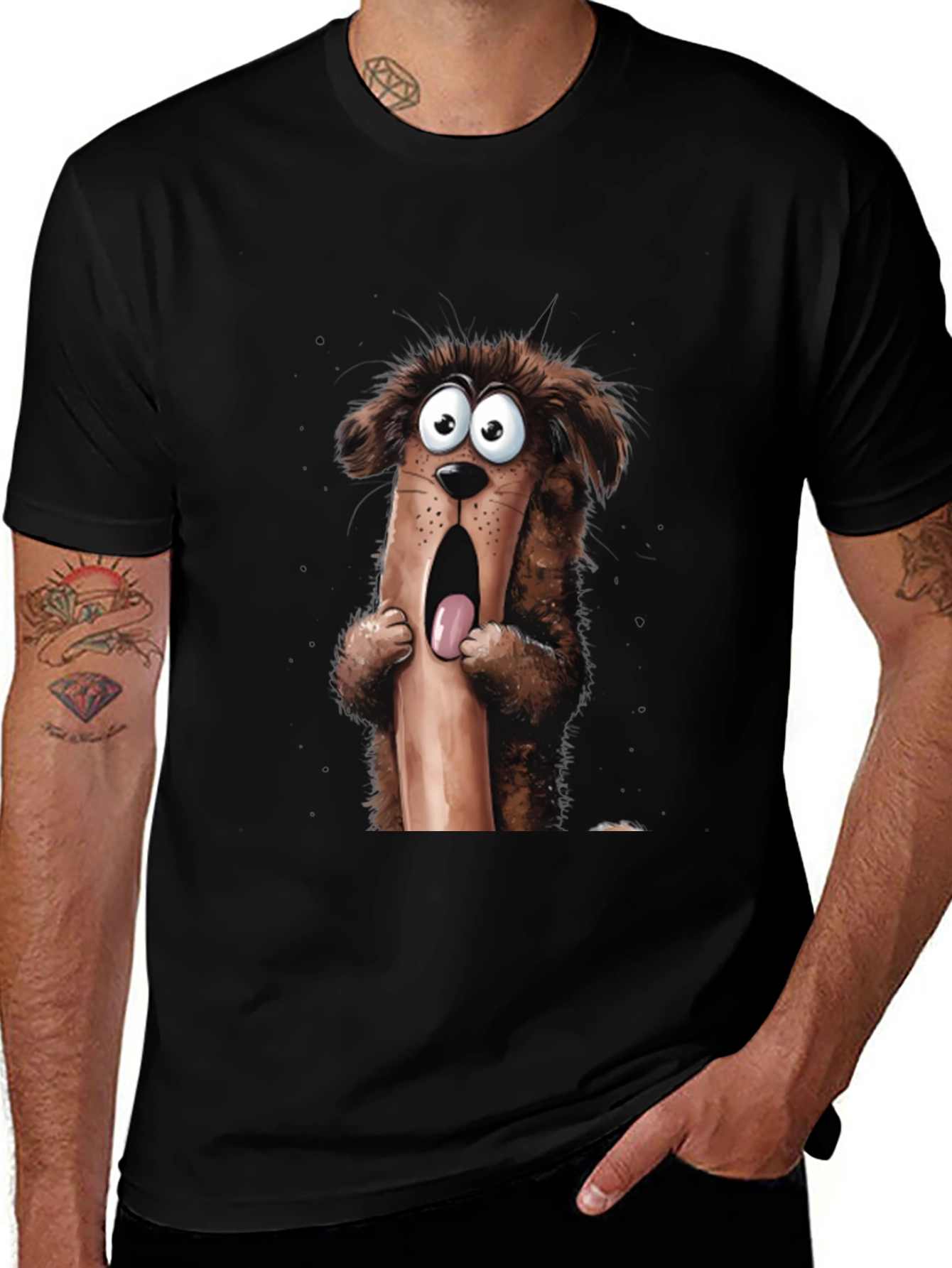 Cartoon Dog Graphic T-Shirt Mens Black Tee