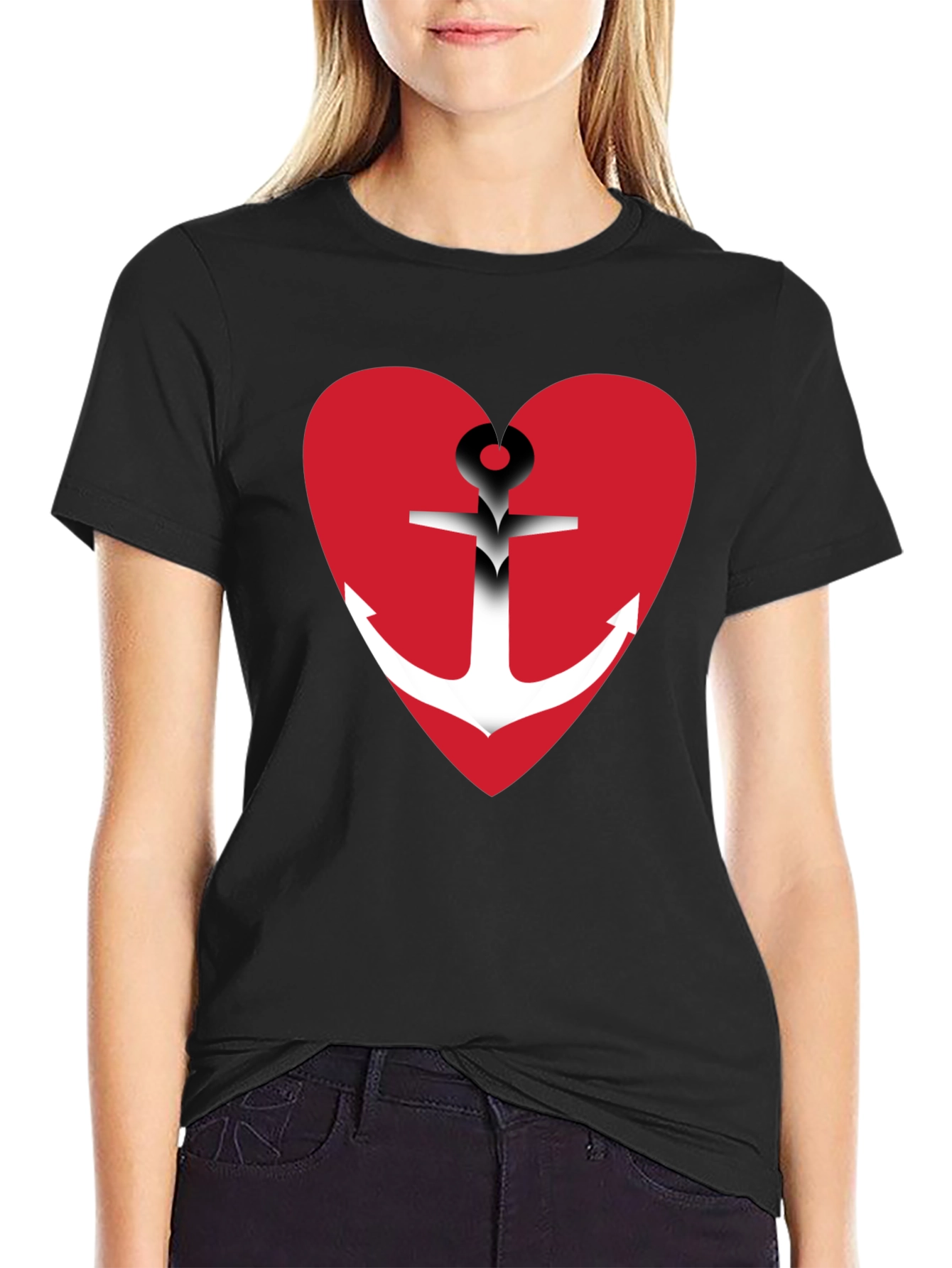 Anchor Heart Graphic T-Shirt - Black Cotton Blend