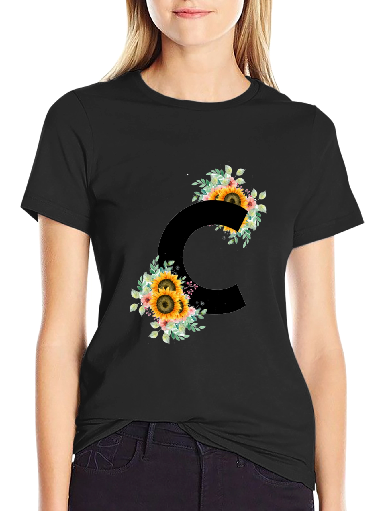 Floral Letter C Black T-Shirt
