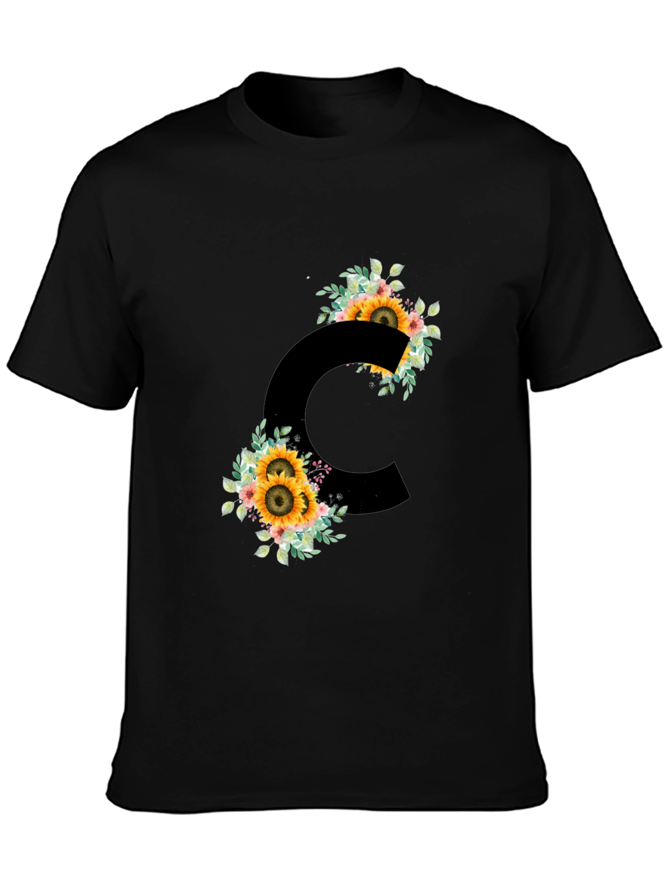 Floral Letter C Black T-Shirt