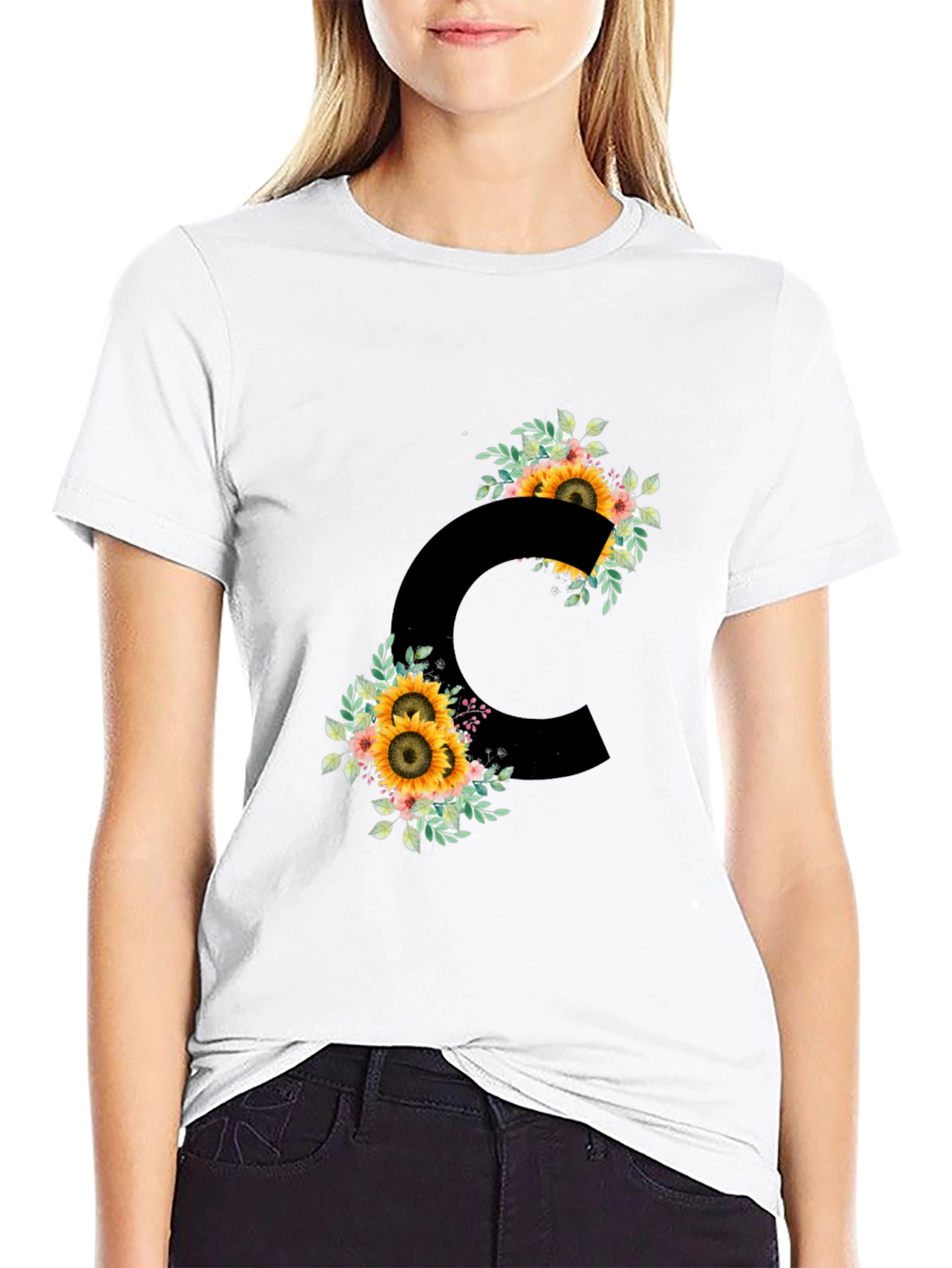 Floral Letter C Black T-Shirt