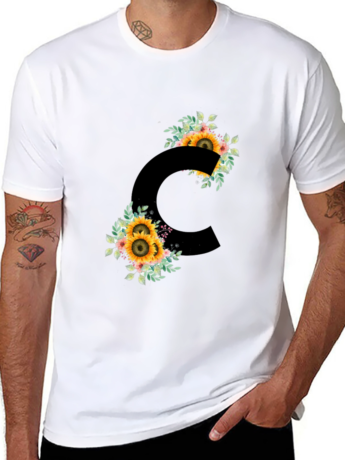 Floral Letter C Black T-Shirt