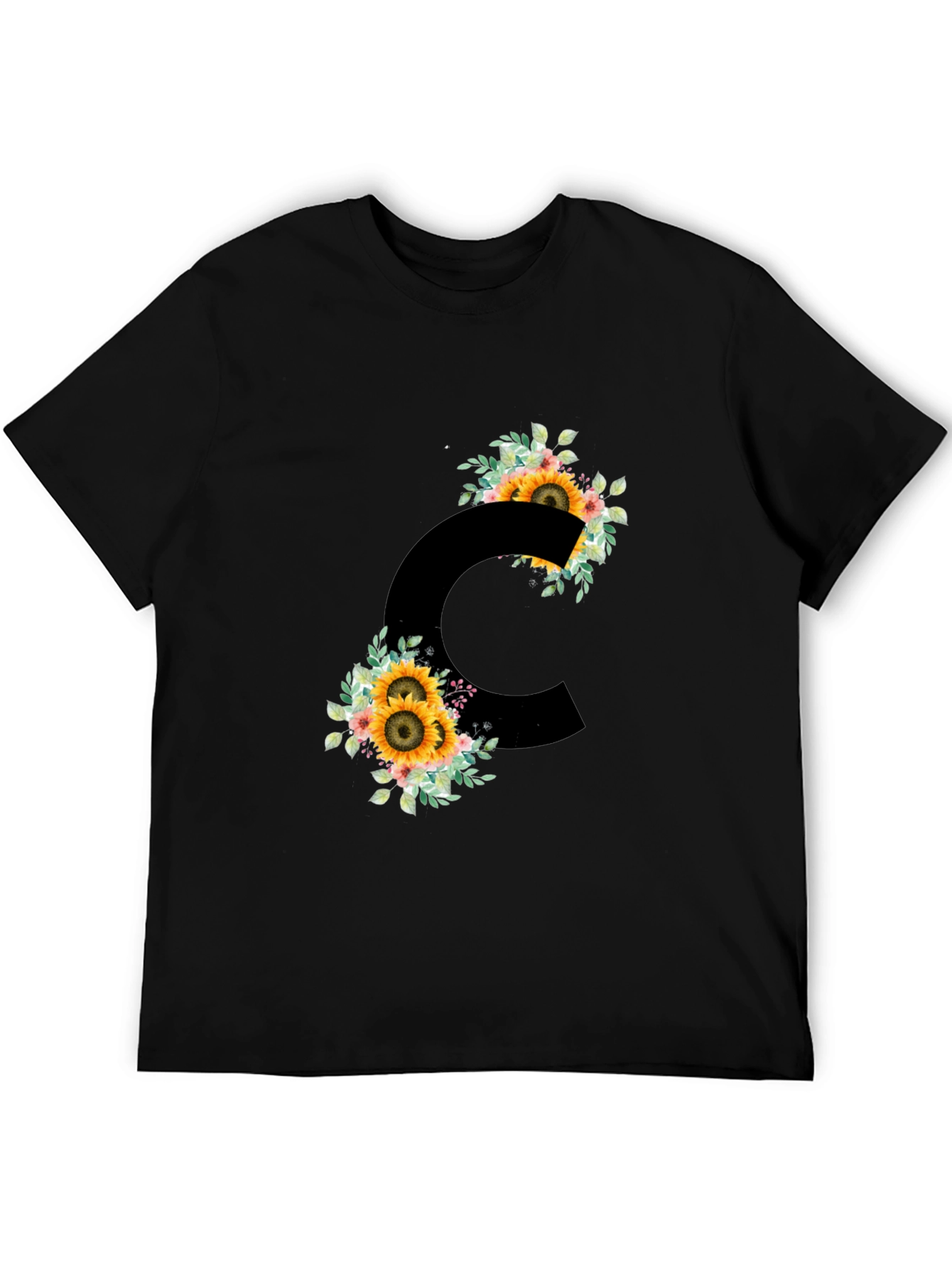 Floral Letter C Black T-Shirt