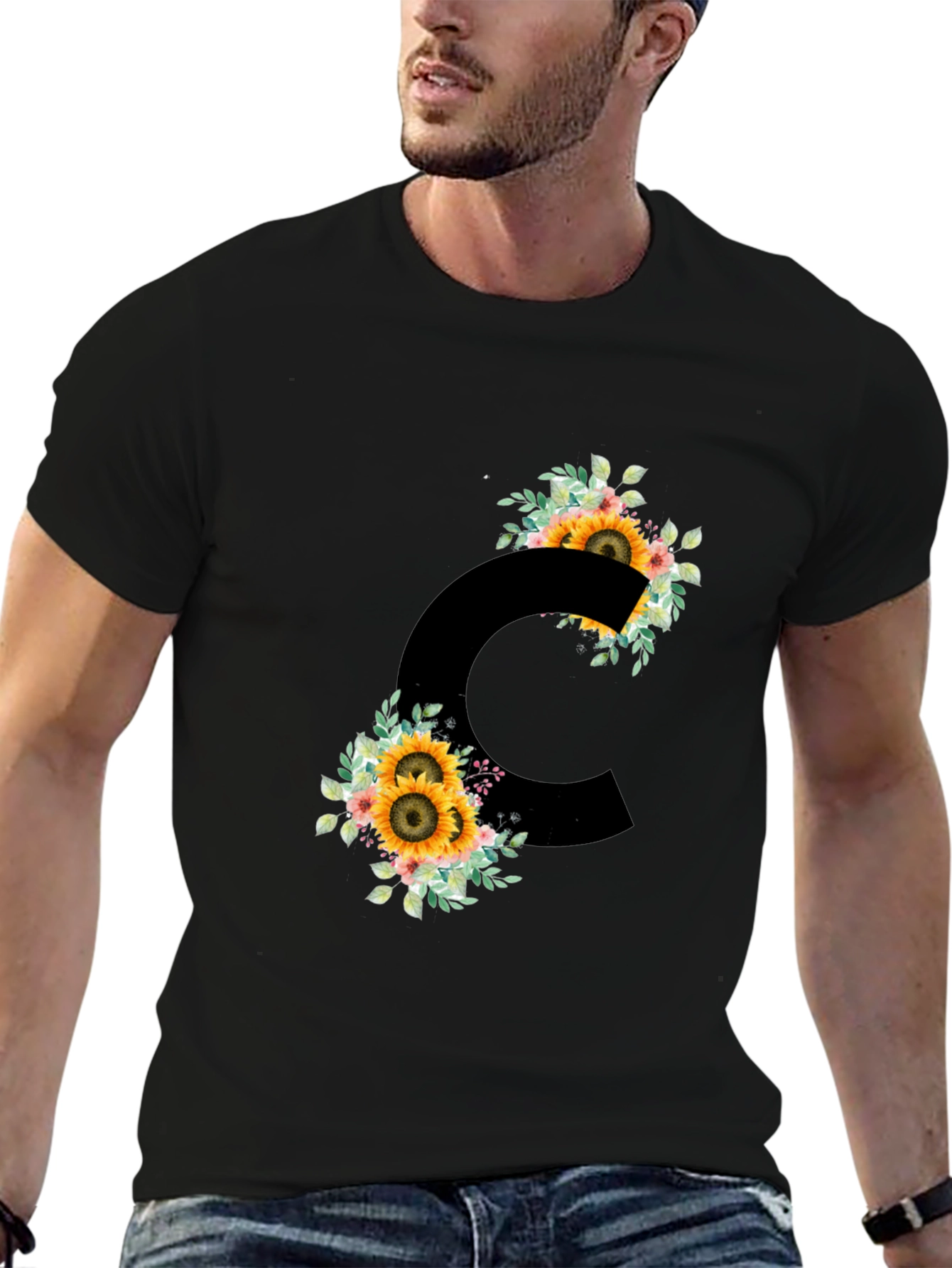 Floral Letter C Black T-Shirt