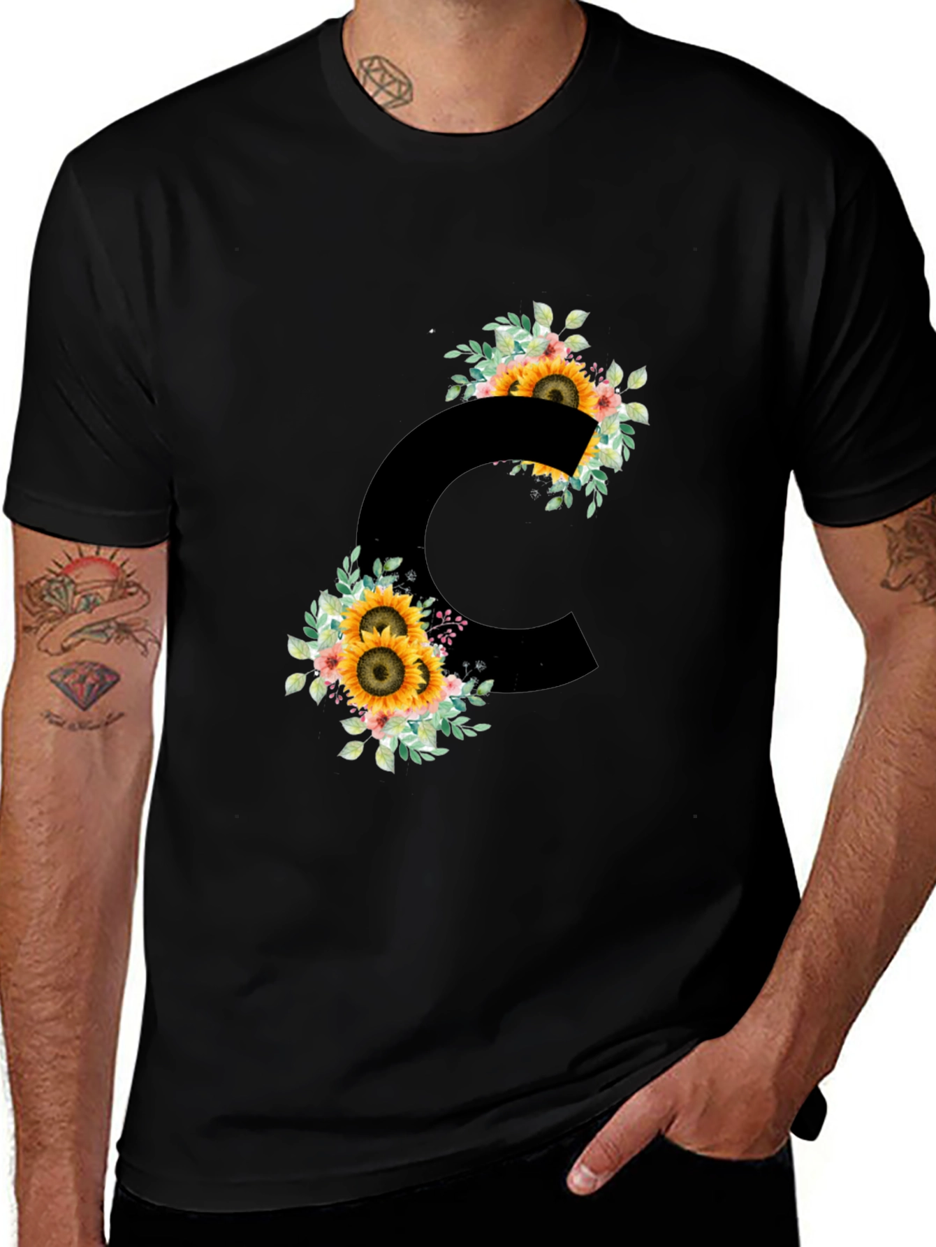 Floral Letter C Black T-Shirt