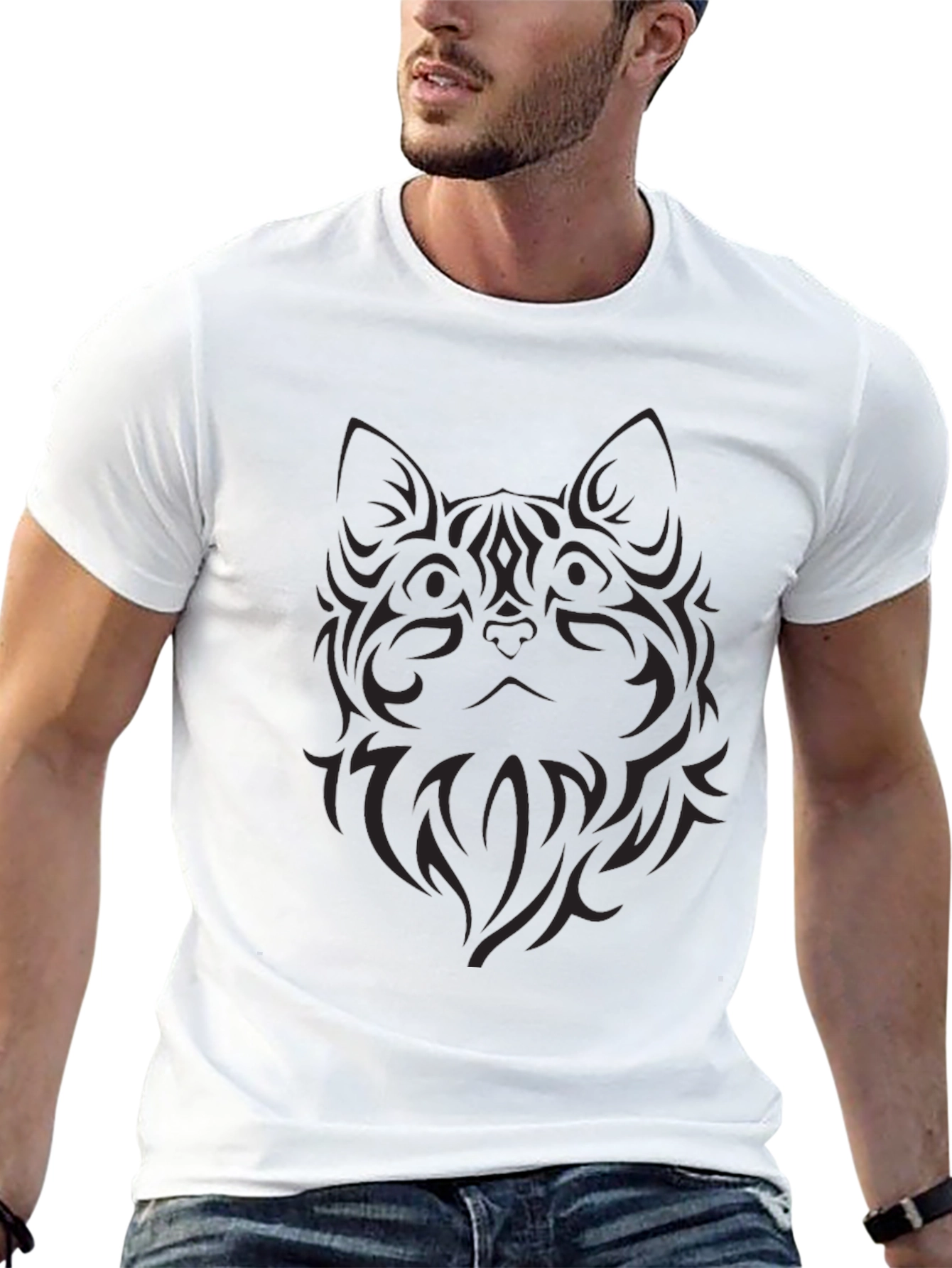 Mens Black Tribal Cat Graphic T-Shirt